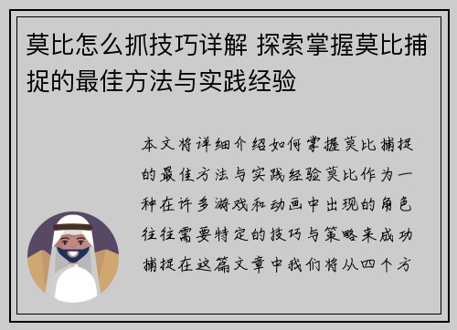 莫比怎么抓技巧详解 探索掌握莫比捕捉的最佳方法与实践经验